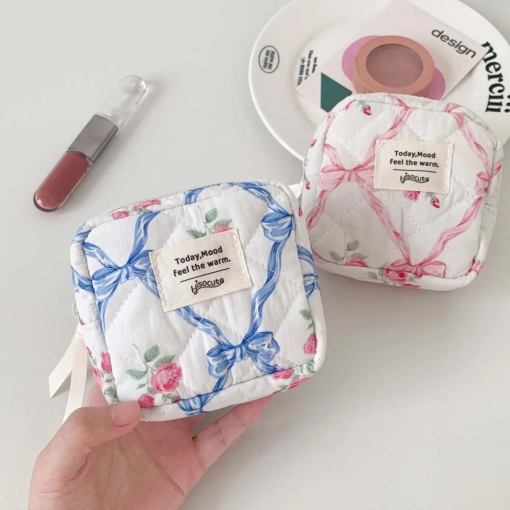 Bolsa de almacenamiento de brochas de maquillaje, estuche de cosméticos con lazo, bolsa de maquillaje con lazo de gran capacidad, monedero de tela con lazo y cremallera para niñas/mujeres