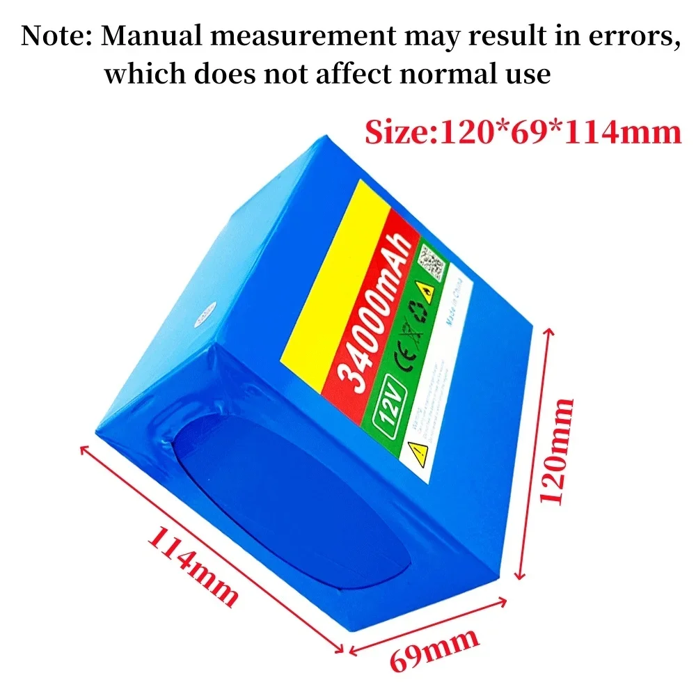 3S12P 12.6V 34000mAh High-power Lithium Battery Pack 12V 34Ah for Inverter Xenon Lamp Solar Street Light With 12.6V 3A Charger