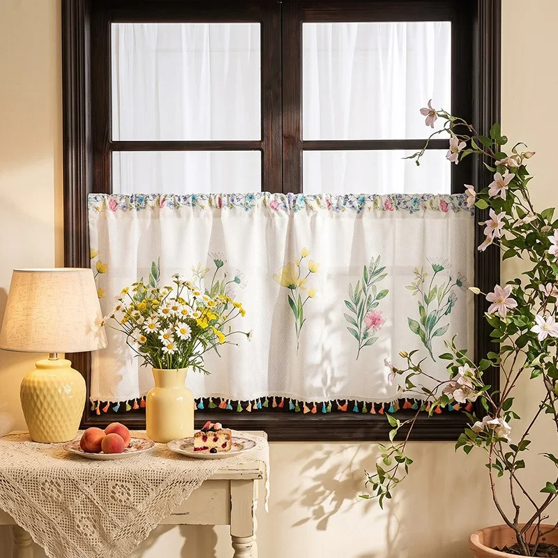 Floral Printed Rod Pocket Kitchen Cafe Curtain, Short Window Valance, No Drill Cabinet Cover, Coffee Shop Decorative Drape