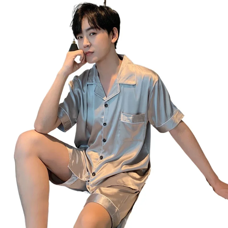 2511-D6 Summer Men's Satin Ice Silk Pyjamas Short Sleeve Shorts Set Solid Color Casual Loose Large Size Rayon Pajamas L-5XL