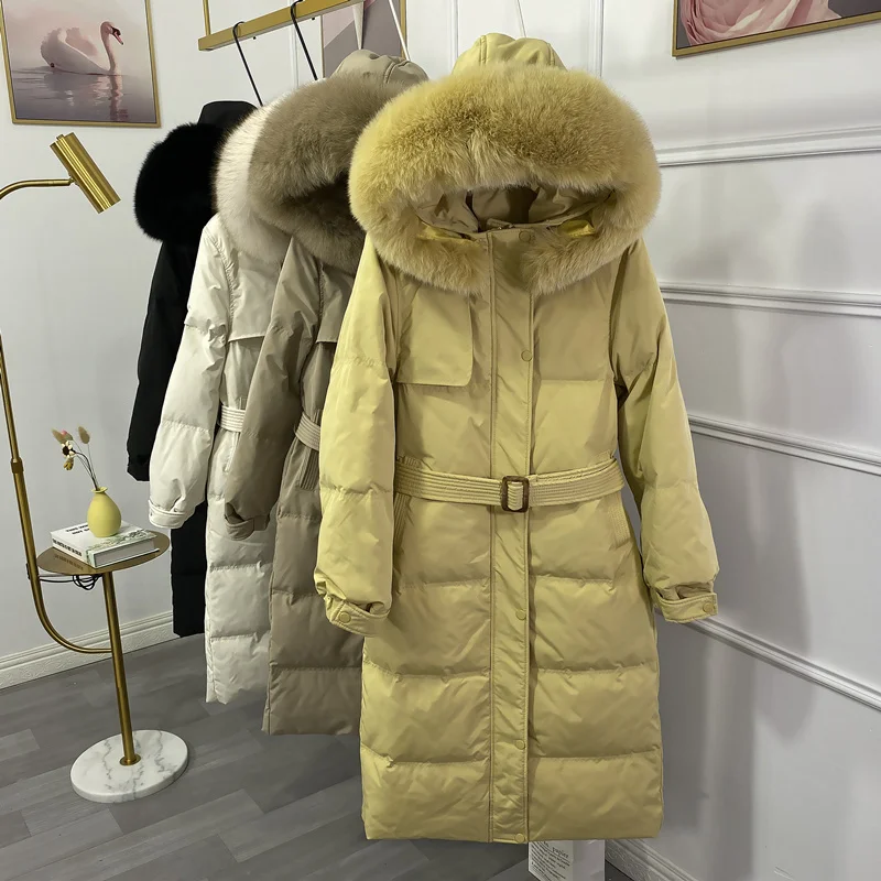 Chaqueta de plumón de pato con capucha para mujer, abrigo largo grueso, cuello de piel de zorro Real, Parkas de plumas, ropa de invierno para mujer