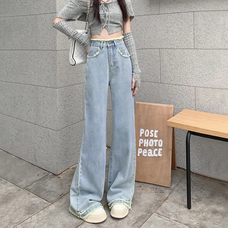 

Светлые прямые джинсы в пол для миниатюрных женщин, с эффектом похудения, новинка 2023 года, с рваными краями, с высокой талией.