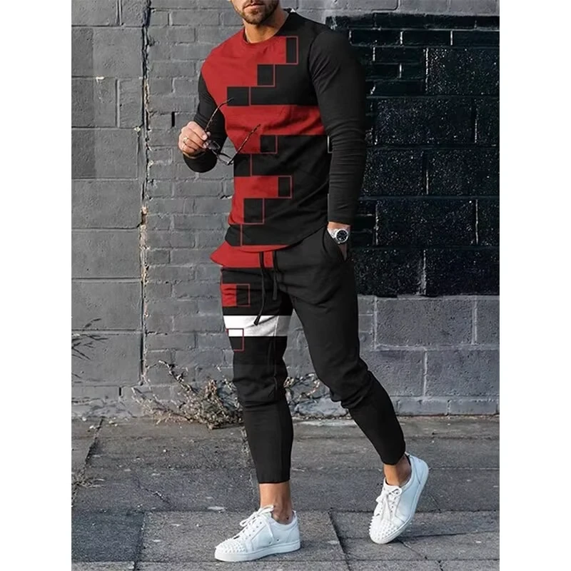 Fit Autunno Set di abbigliamento da uomo Moda Must-Have Activewear T-shirt a maniche lunghe stampate in 3D Pullover da uomo Pantaloni sportivi casual Set