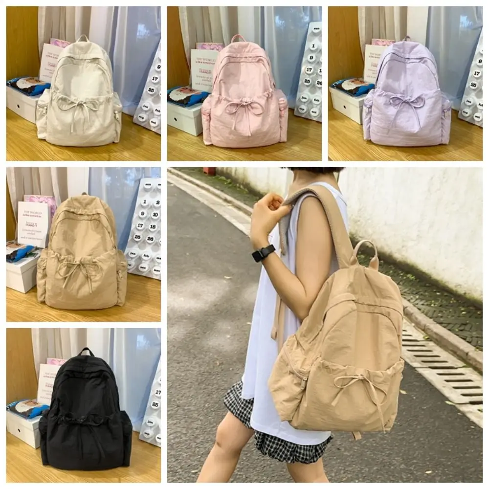 

New Design Bow Wrinkle Backpack Solid Color Sweet Nylon Lightweight Backpack School Bag Korean Style Travel Shoulders Bag Women