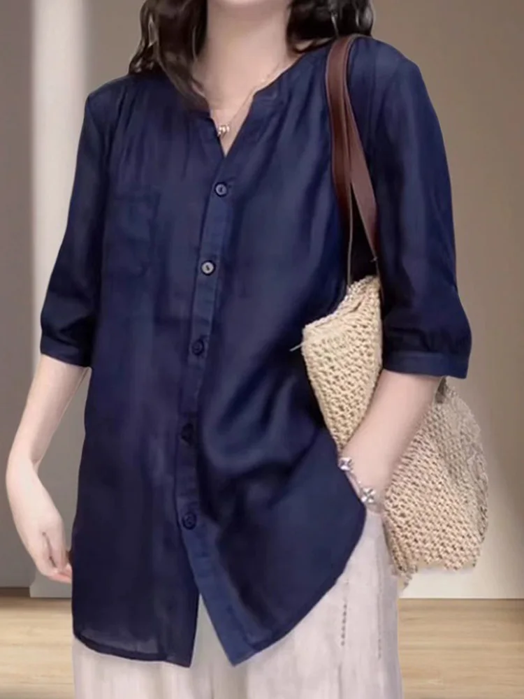 Faionable Single-Button Loose Women's irt Commute Pure Color Summer 2025 Korean Sle Casual Loose Top Women's Faion