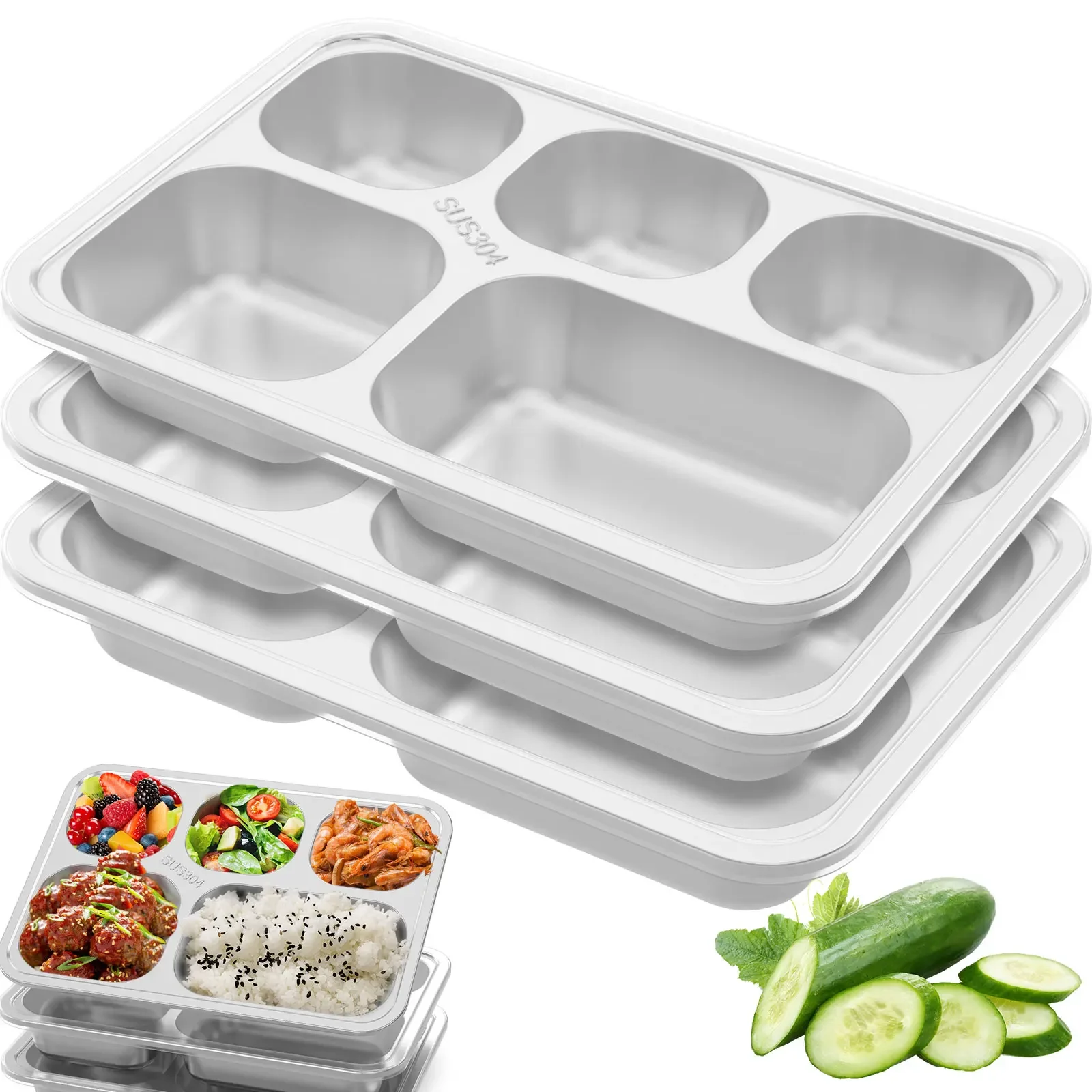 

3Pcs Stainless Steel Meal Box 5 Grid Lunch Box Stackable Food Container for School Home Bento Box Outd Travel Camping Snack Box