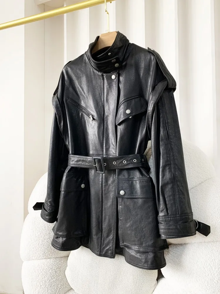 Women Genuine Leather Medium Long Jacket Punk Stand Collar High Waist Autumn Streetwear Sashes Real Sheepskin Windbreaker Coat