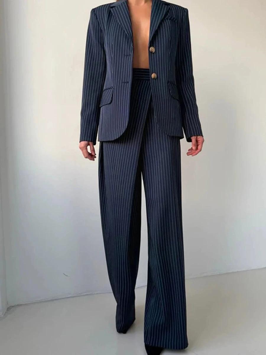 TWOTWINSTYLE Pinstripe Blazer Suit 2 Piece Set for Women Tie Design Notched Lapel Long Sleeve Blazer High Waist Wide Leg Pants