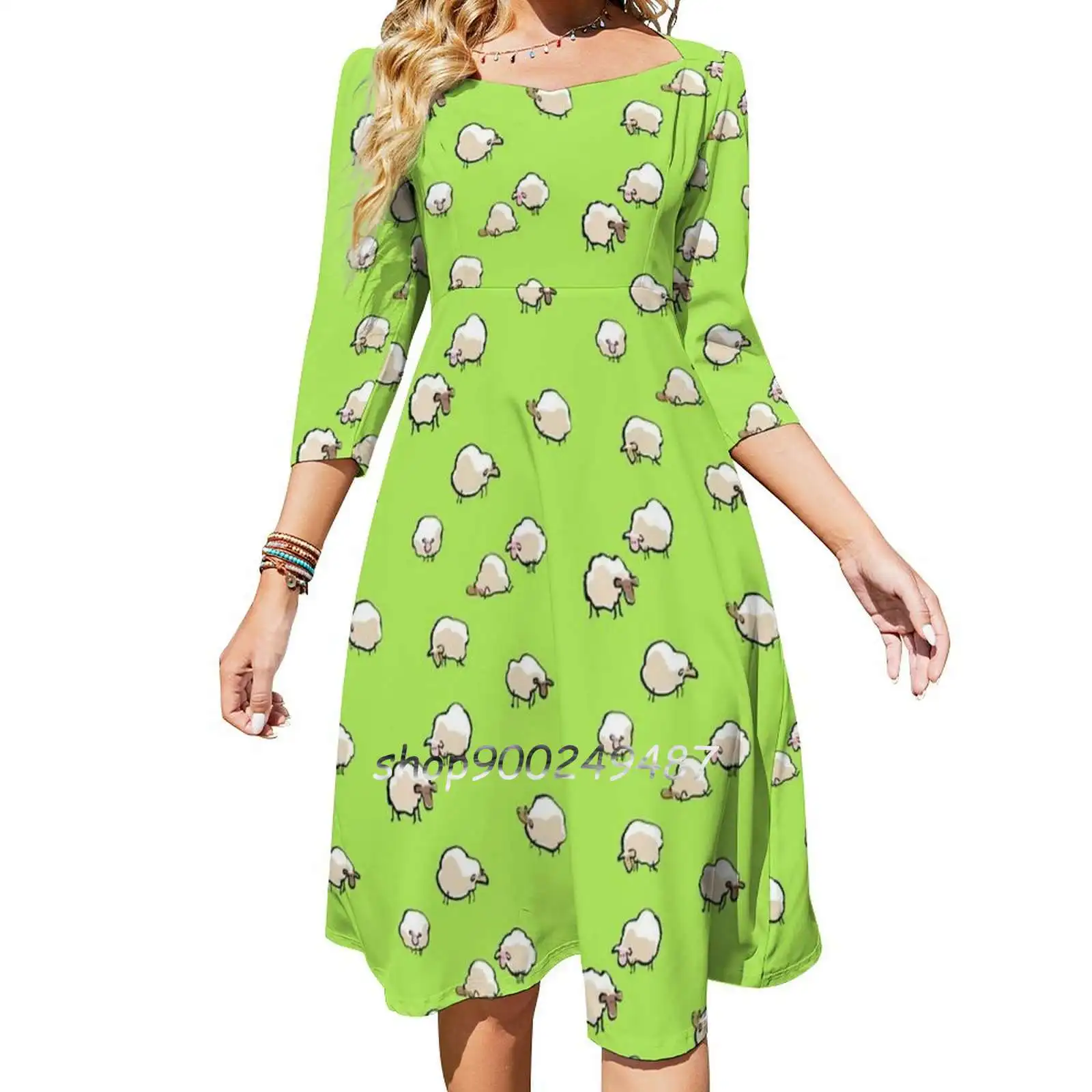 Sheep Flare Dress Square Neck Dress Elegant Female Fashion Printed Dress Sheep Wool Meadow Animal Nine Many Grass Cartoon