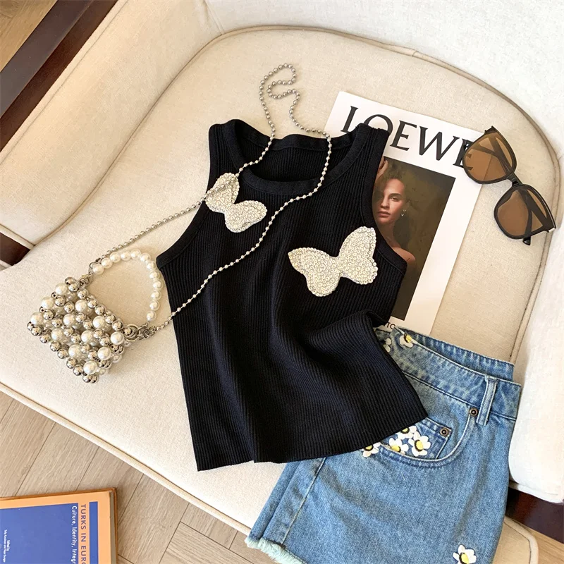 2024 Summer Sexy Slim Sweater Vests Women Crop Tops Knitwear Rhinestones Butterfly Sleeveless O-neck Stylish Fashion Chic Jumper