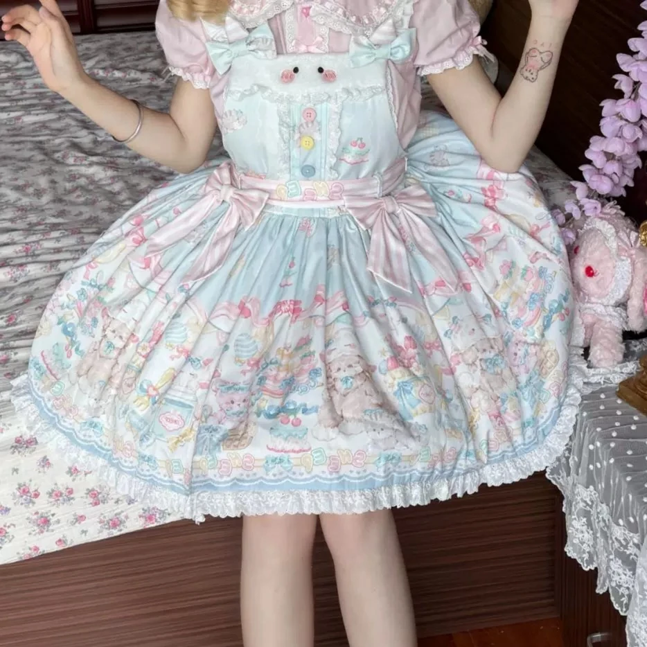

Lolita Style Original Sweet Cute Strap Dress Summer Kawaii Cartoon Printed Bow Patchwork Jsk Dress Birthday Dress for Women