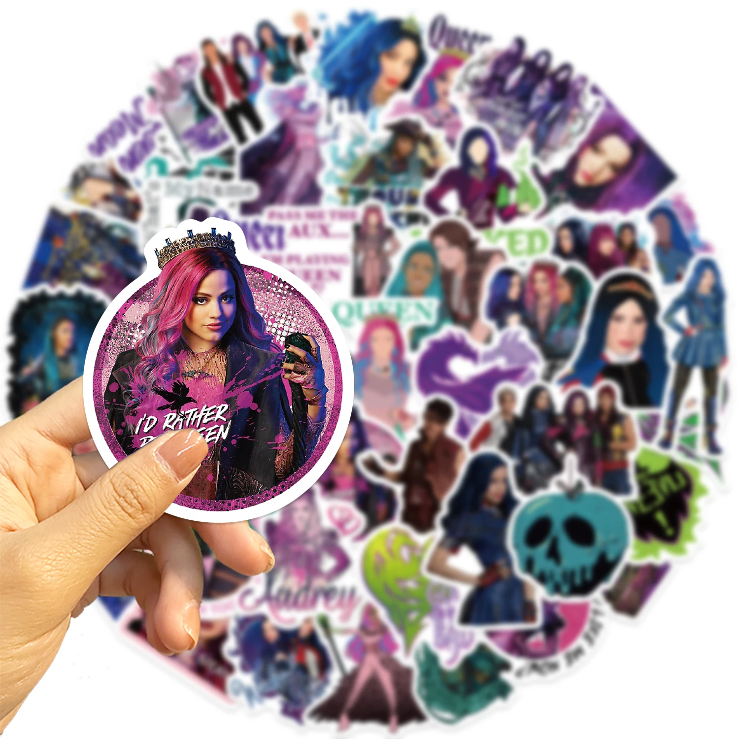 50ชิ้นสติกเกอร์การ์ตูน descendants decals DIY โทรศัพท์กระเป๋าแล็ปท็อปสติกเกอร์กันน้ำรถจักรยานยนต์สำหรับเด็ก