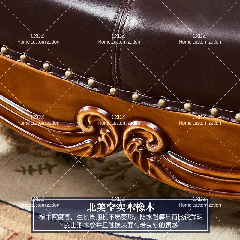 First Layer Cowhide Bedside Stool Solid Wood Carved Flower Leather Shoe Changing Bench American Style Bedroom Footstool Seat