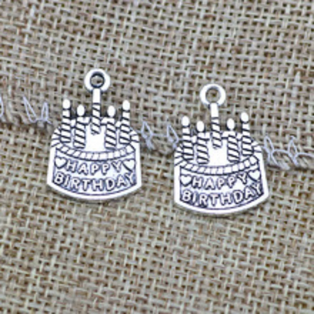 10Pcs/Lot New Birthday Cake Alloy Charms Silver Color Celebrate One's Birthday Funny Pendants For Making Handmade DIY Findings