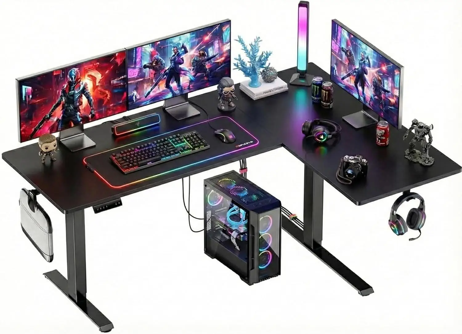 Dual Motor L-Shaped Standing Gaming Desk, 71 x 48 inch Corner Standing Desk, Electric Adjustable Gamer Computer Table with Cable