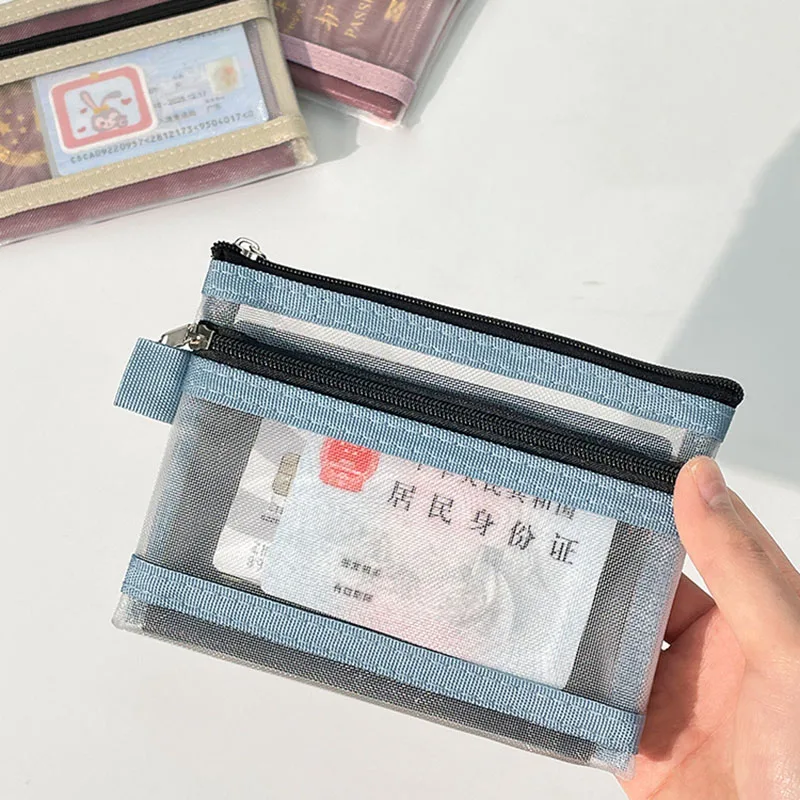Borsa porta carte in rete a doppio strato Borsa trasparente per passaporto, carta d'identità, patente di guida, documenti, custodia con cerniera per carte bancarie, portaoggetti da viaggio