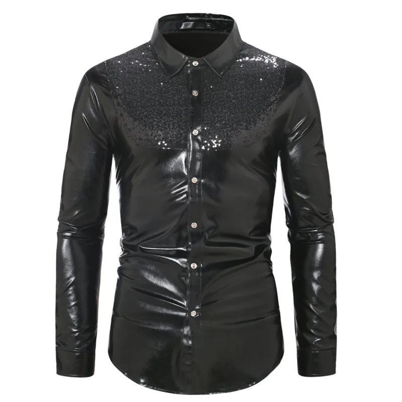 #4638 Shiny Sequins Shirt Men Long Sleeve Dance Clubwear Hip Hop Shirt Mens Shirts Regular Fit Black Gold Silver Blue Red