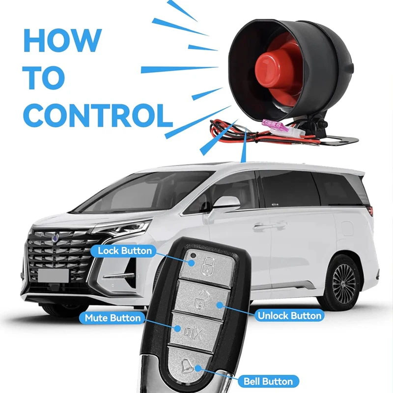 12V Car Security System Horn Siren Alarm with 2 Remote Controls Anti-Theft One-Way Automotive Alarm System Burglar Protection