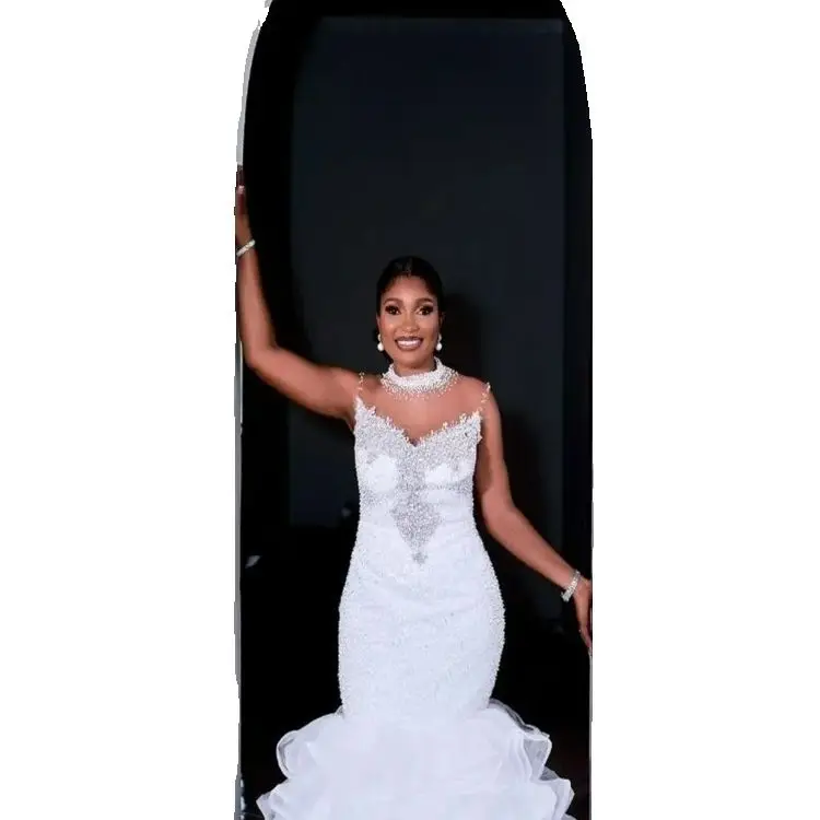 Customized  High Collar Sparkly Crystals Beads  Wedding Dress Robe De Mariee  Sleeveless Cascading Ruffles Luxury  Bridal Gown