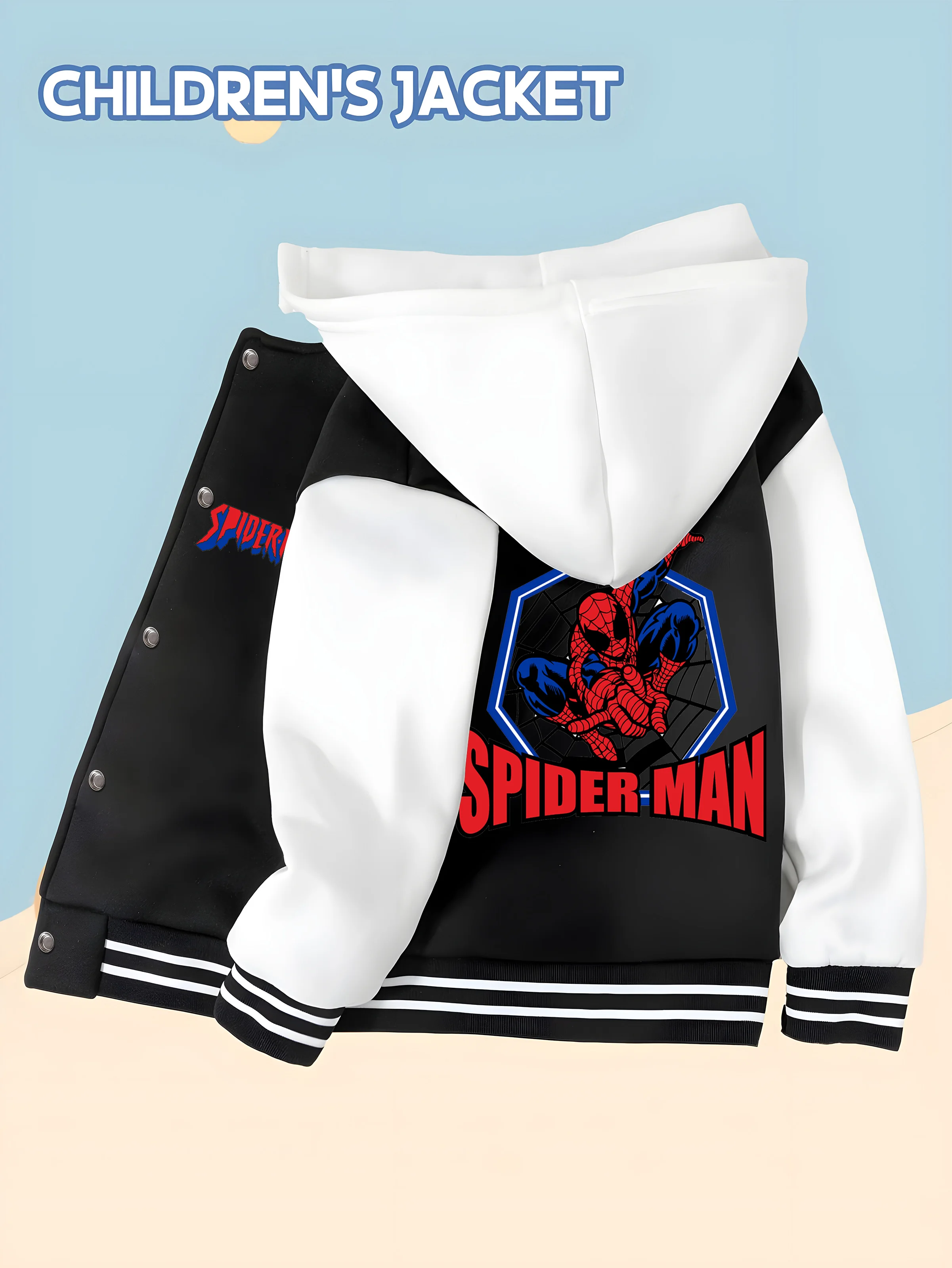

MINISO Spider-Man children's baseball jacket hero print, hooded baseball style, comfortable and fashionable coat