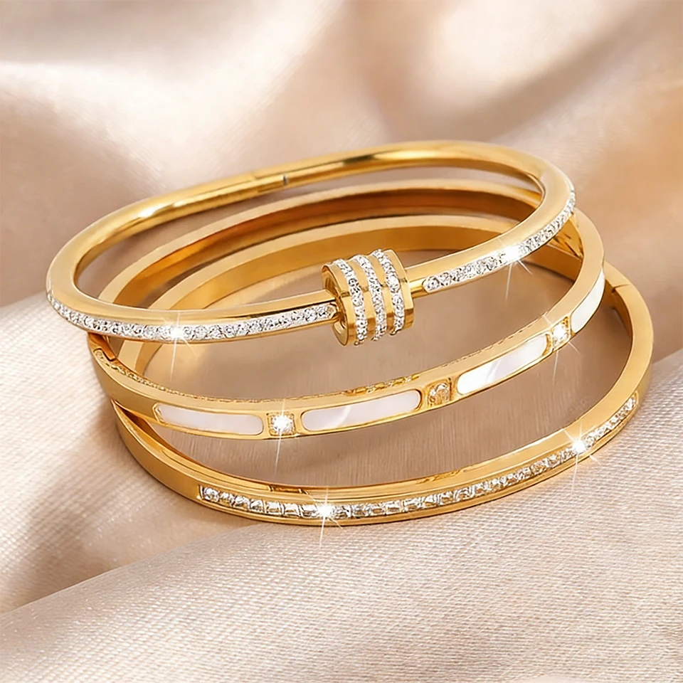 Yupsk 3/1Pcs Classic Stainless Steel Bracelet Set for Women Men Buling Zirconia Bangles Versatile Stacking Fashion Accessories