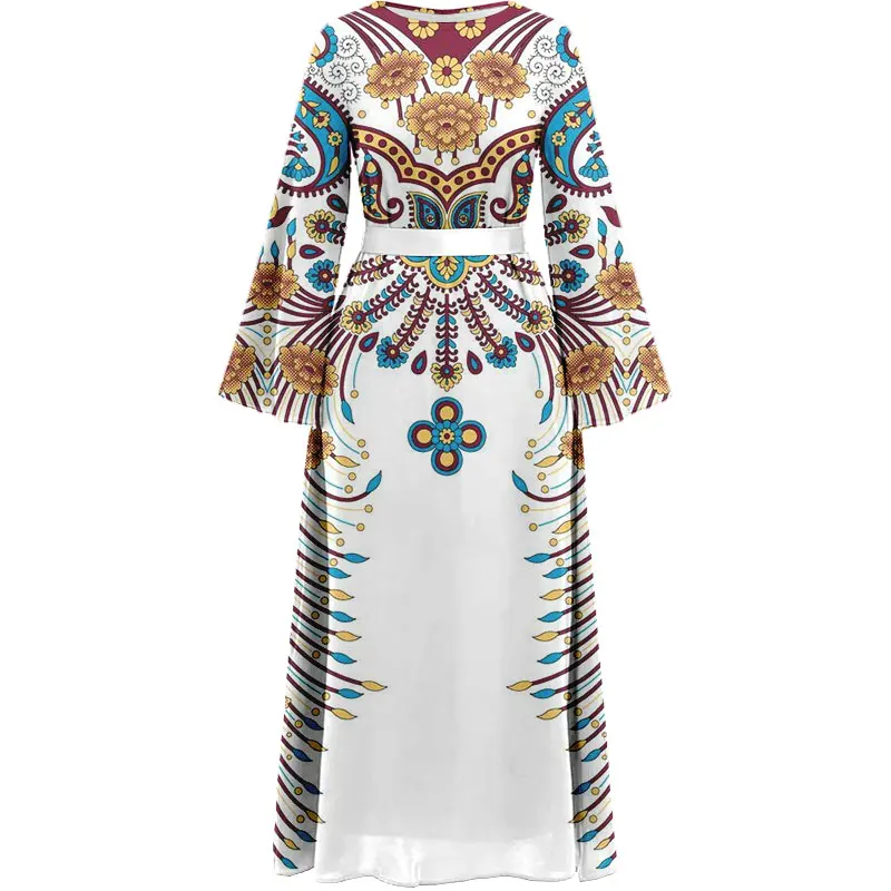 Été arabe turc à manches longues robe musulmane ceinture Casual O col délicat imprimé Maxi robe élégante robe de soirée des femmes