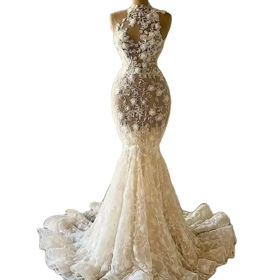 رائع حورية البحر فساتين الزفاف ثوب الزفاف الدانتيل زين مثير مخصص الرقبة العالية الشريط عارية الذراعين الشاطئ فيستدو دي نوفيا #6