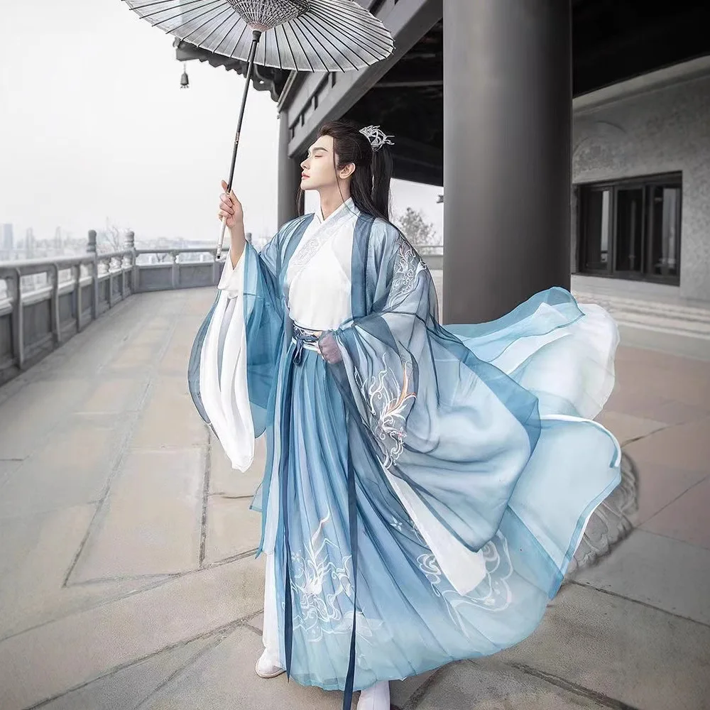 هان الملابس الصينية للرجال Chivalrous نمط زي مطرز قميص كبير الأكمام الخصر وفستان وي صيف جديد