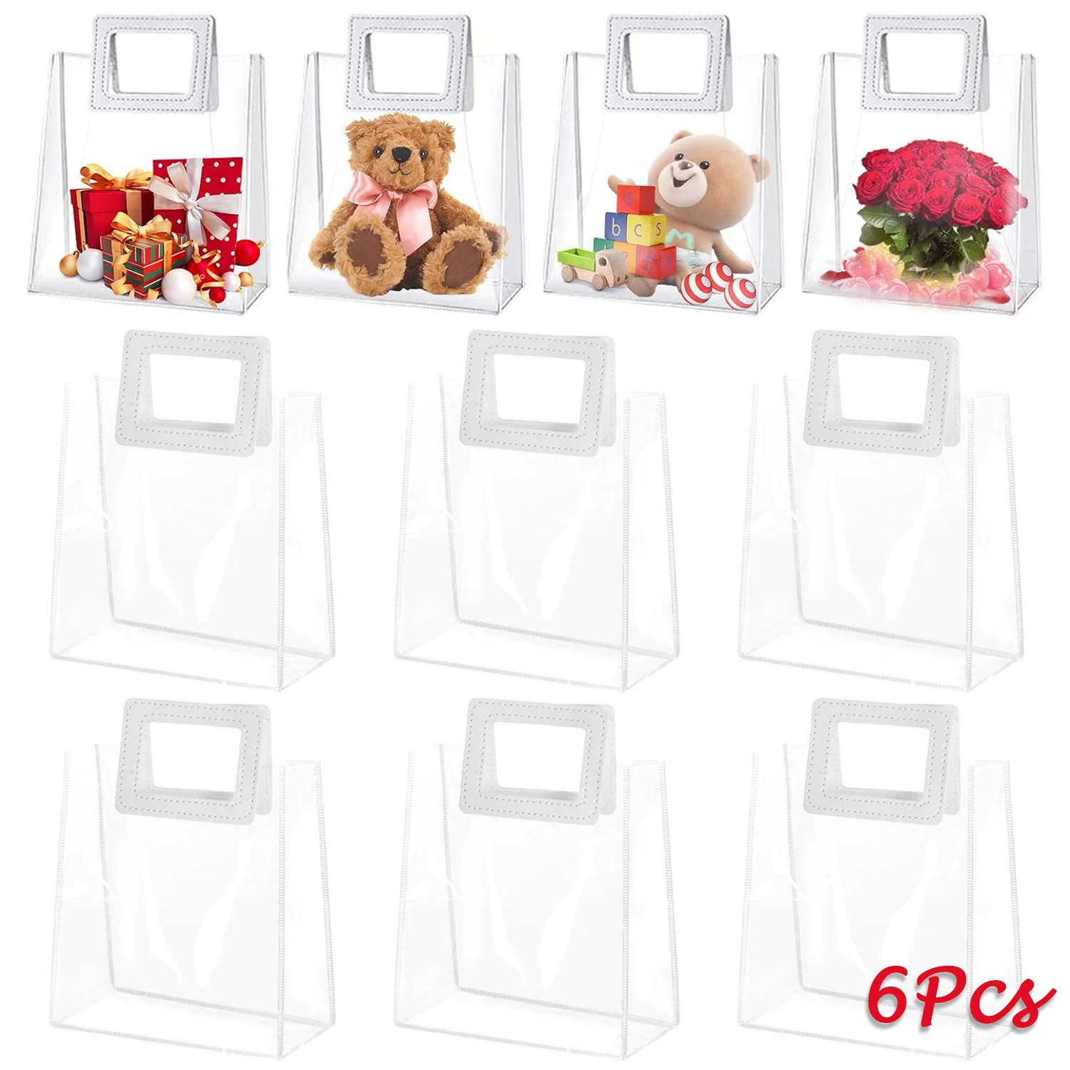 6 Stück transparente PVC-Geschenktüten mit Griff, Hochzeit, Geburtstag, Süßigkeitentüte, wiederverwendbare Verpackungstüte, transparente Einkaufstasche, Kosmetik-Aufbewahrungstasche