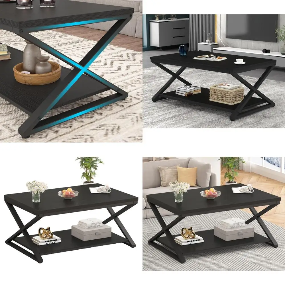 

Modern Black Minimalist 39 Metal & Wood 2-Tier Living Room Coffee Table with Storage