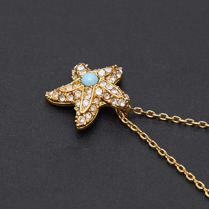 1Pc Exquisite Short Necklace With Diamond-encrusted Blue Jade Starfish,A Simple And Stylish Nautical Women's Clavicle Chain