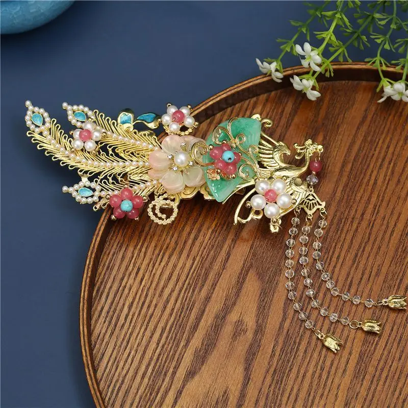 Dunhuang Feitian Style Hairpin Pastel Blue Summer Freshness Peony Phoenix Hair Accessory with Tassel Accent Traditional Gift