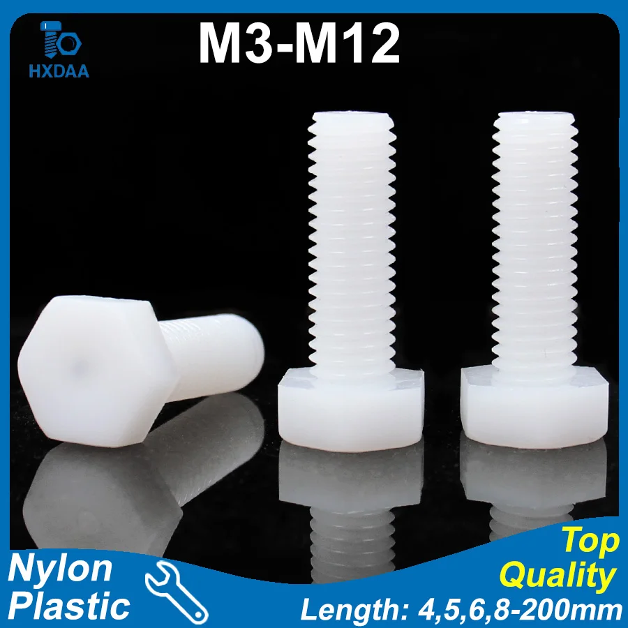 5-30pcs M3 M4 M5 M6 M8 M10 M12 Nylon Hex Head Plastic Screws Insulated Threaded Rod Bolts for Electrical Equipment