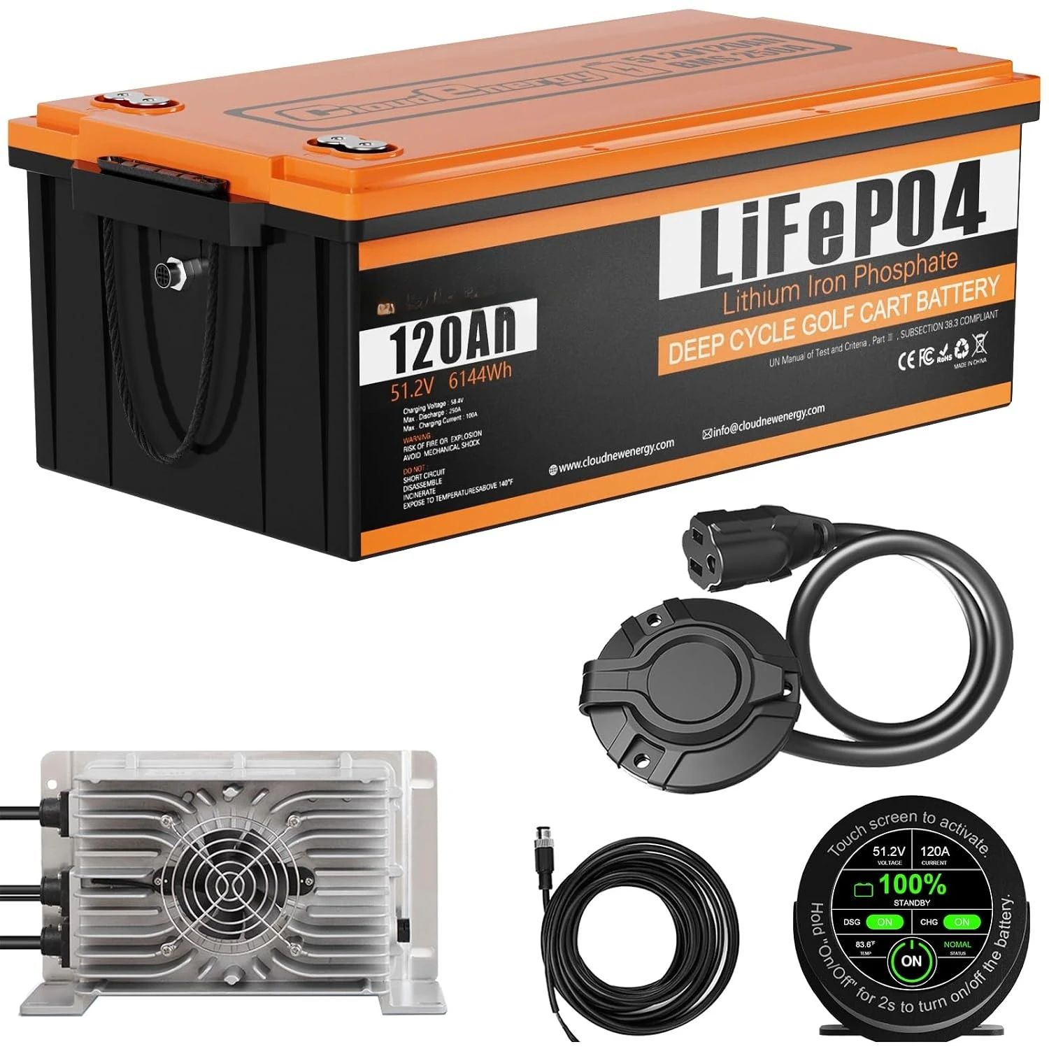 48V(51.2V) 120AH LiFePO4 Lithium Golf Cart Battery Built-in 250A BMS,3C Discharge,with 20A Charger,Mobile APP,Touch, Customized