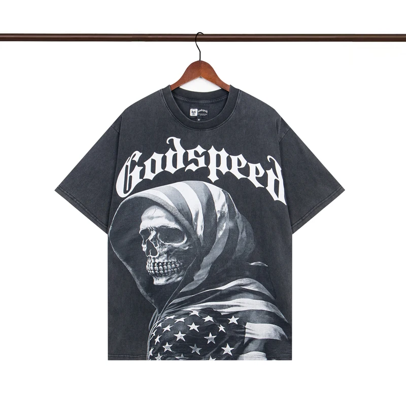 

2025ss God Speed футболки American High Street Wash Do Old Skull с принтом футболка с короткими рукавами для мужчин и женщин