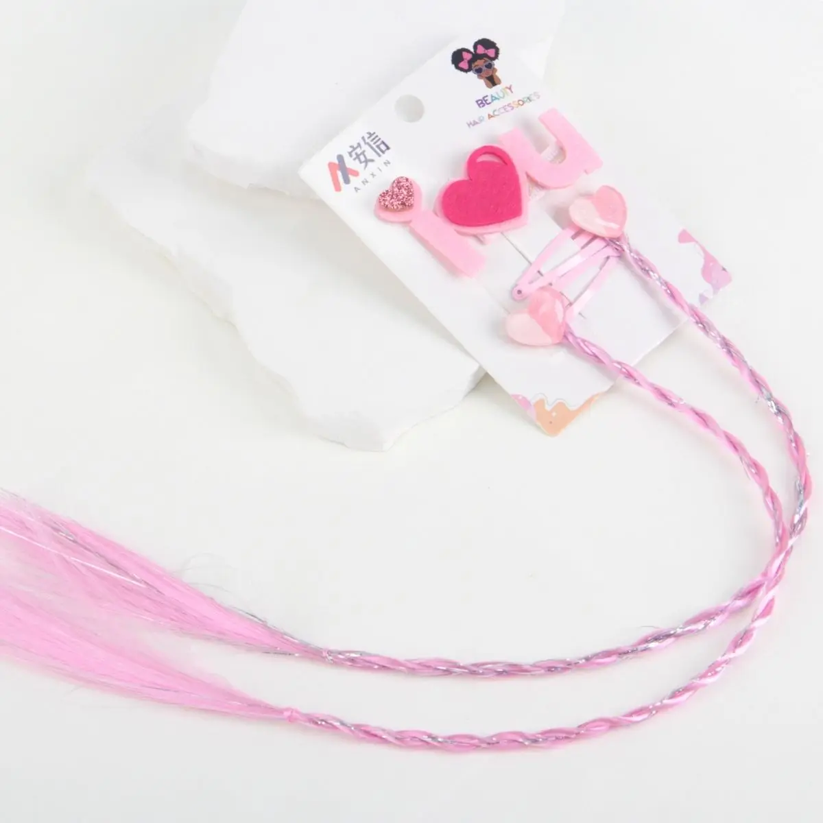 

Valentine Sweet And Cool Girl Hair Accessories Pink Heart-Shaped Letter Hair Clips Rain Silk Braid Wigs For Women Party Gifts