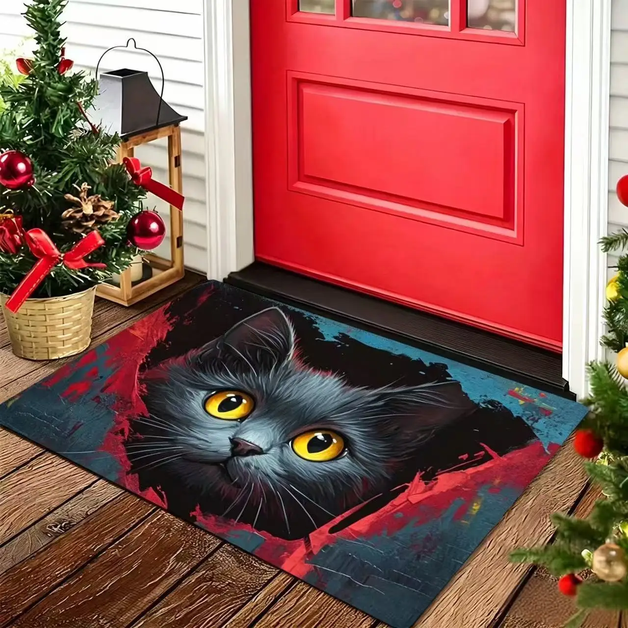 Flannel Door Mat Abstract Black Cat Yellow Eyes Floor Rug for Front Door Entrance Living Room Home Decor Welcome Carpet