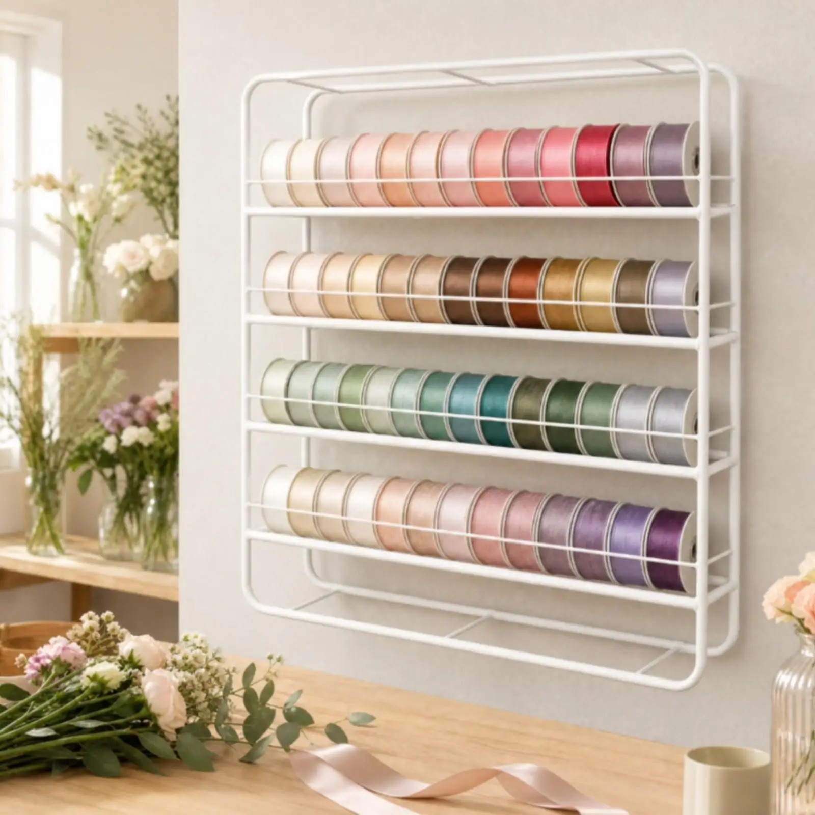 Metal Wall Ribbon Display Rack with Multiple Rails for Craft Room Organization and Sewing Supplies Storage