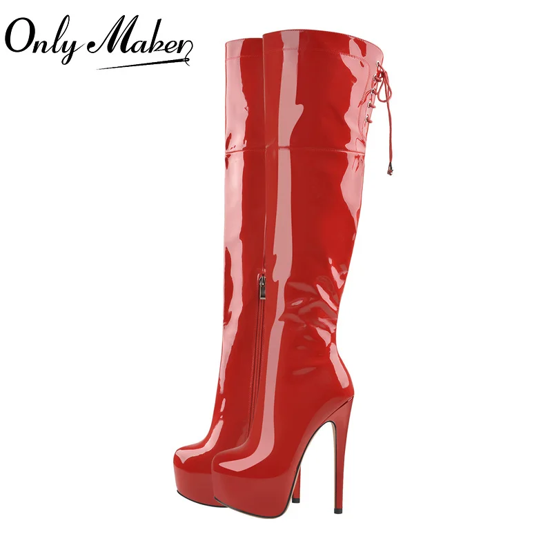 Onlymaker Women Sexy Red Platform Zip Over The Knee High Boots 16cm Thin High Heel Stiletto Stretch  Woman Big Size Boots