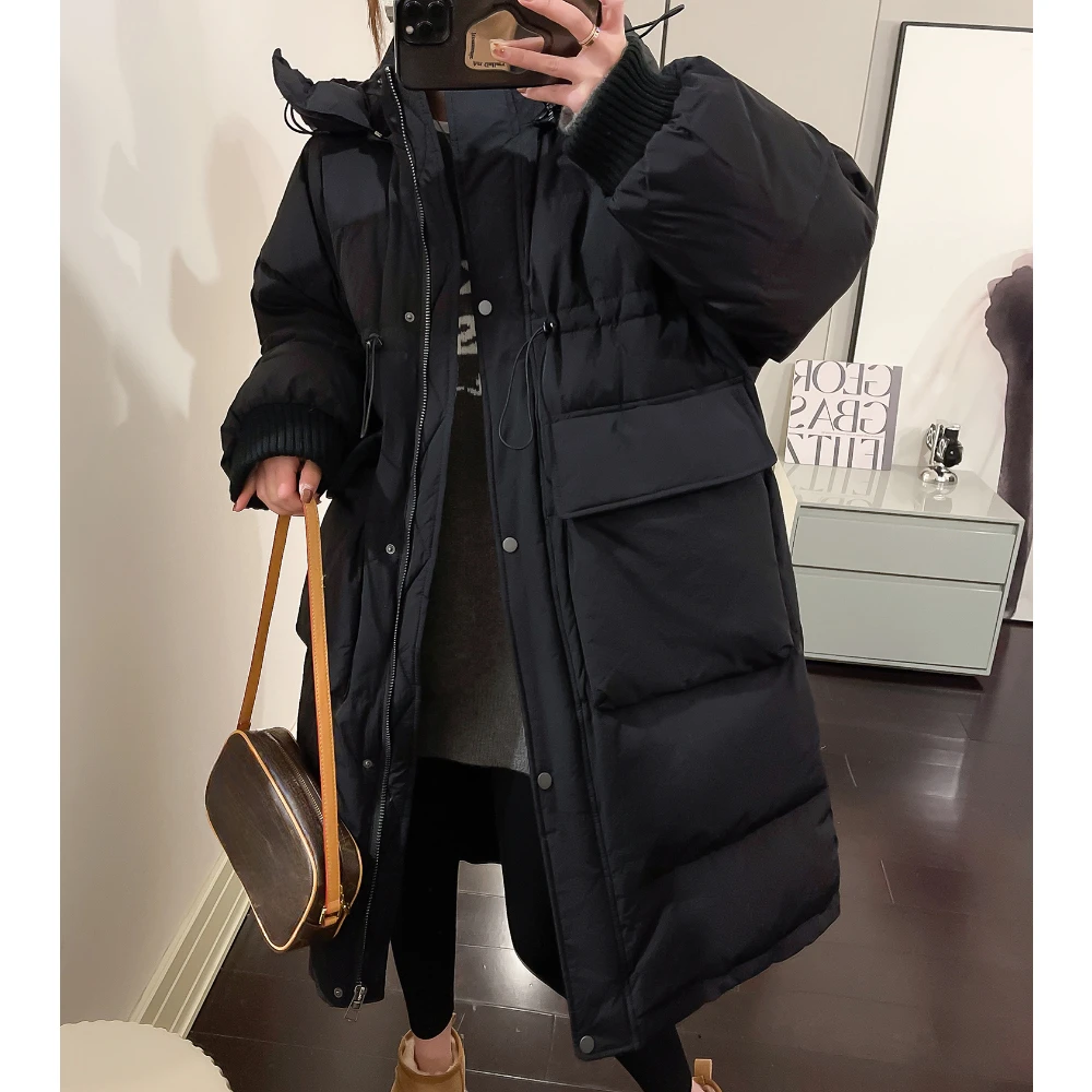 White Duck Down Hooded Jacket for Women, Medium Length, Loose, Thick, Korean Version, Winter Coat