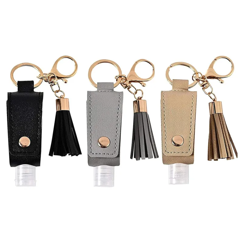 3pack Portable Empty Travel Bottle Keychain Hand Sanitizer Bottle Holder Black Grey Khaki with 30ml Refillable Squeeze Bottle