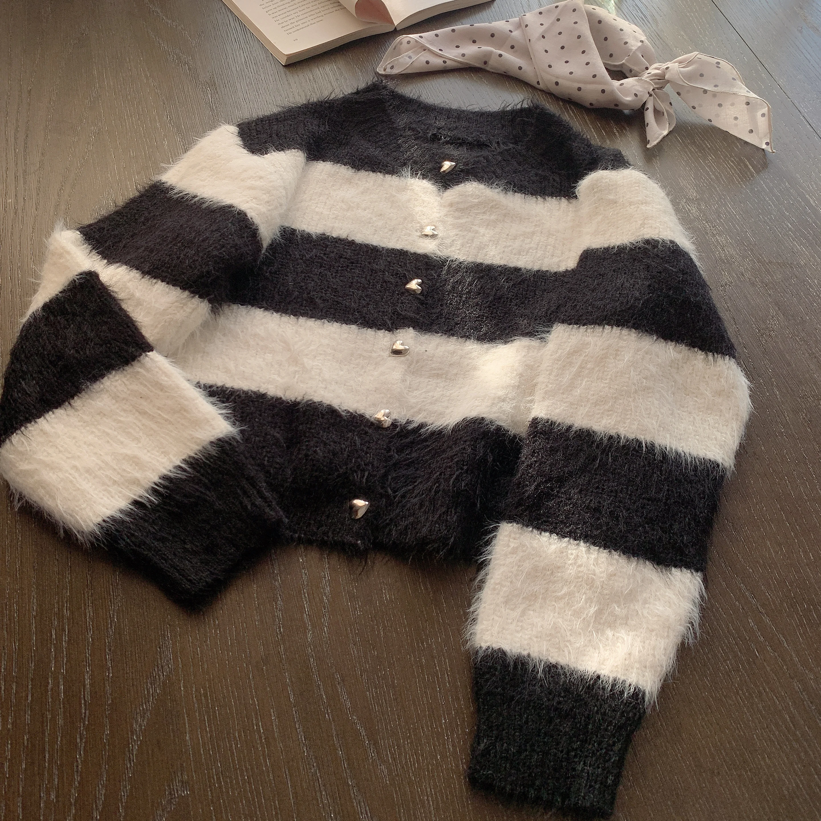 

Double-Sided Knitted Long Sve Mink Velvet Cardigan Wide Stripe Color Blo Heart Bule Classic Open Front French Sle Lo...