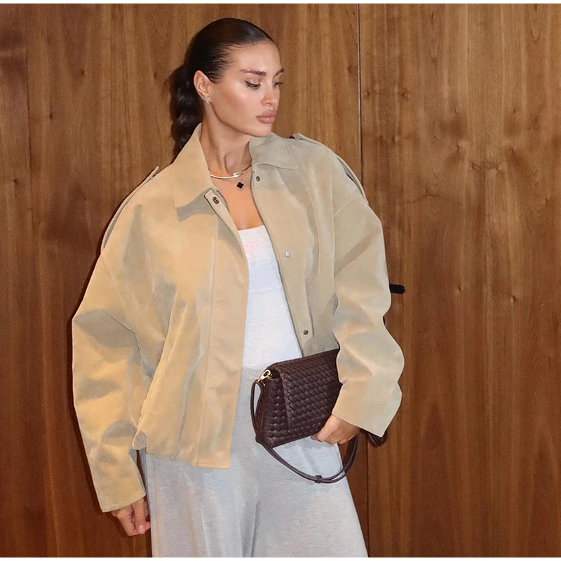 Khaki Oversized Jacket Lapel Collar Epaulet Shoulder Metal Snap Buttons Drop Shoulder Loose Cropped Minimalist Spring Outerwear