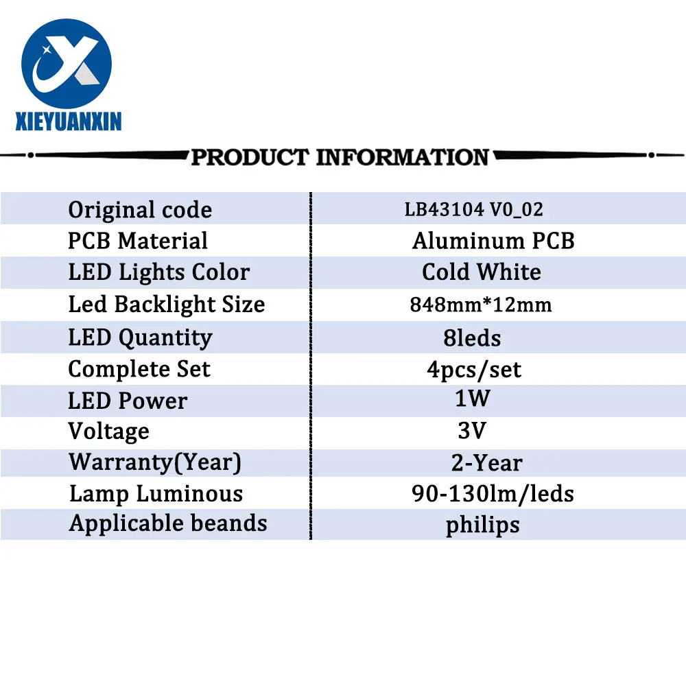 4 szt. 848mm dla Philips 43-calowa taśma podświetlana LED 8 diod LED 3V LB43104 94V-0 E465853 43PUS6503 43PUS6262 43PUS6753/12 43PFS5503