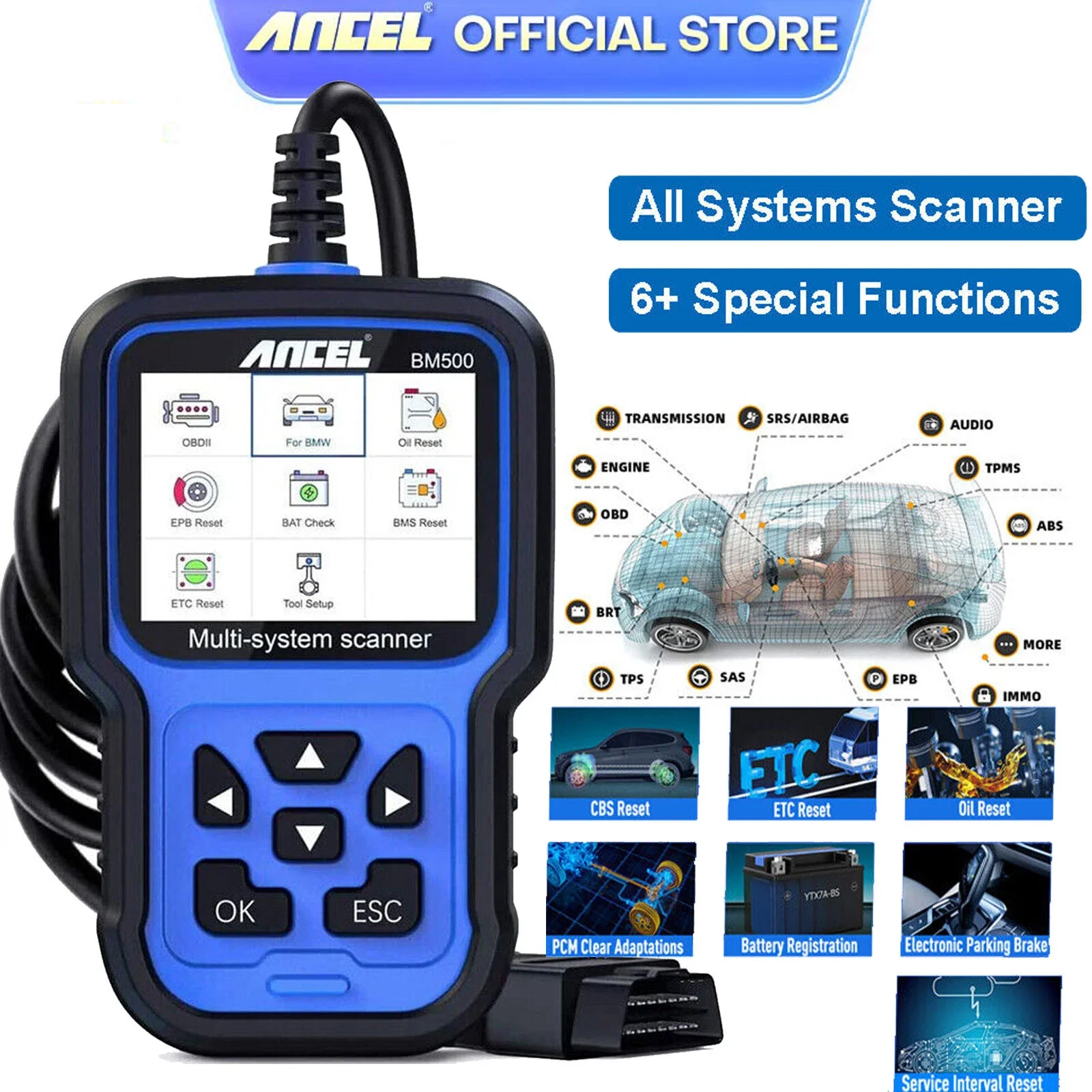 

ANCEL BM500 для BMW OBD2 сканер автомобиля все системы диагностический инструмент регистрация батареи масло EPB сброс тормоза считыватель кодов