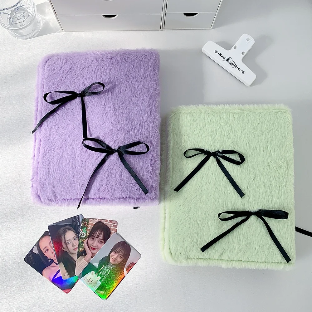 Plush K-pop Photo Album with Ballet Ribbon | 3-Inch Instant Photo 4-Grid Storage Album | Cute Star Card Collection for K-pop Fan