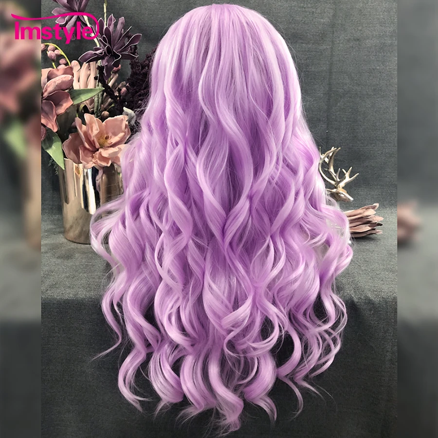 Imstyle Lavender Synthetic Lace Front Wig Light Purple Natural Wavy Long Hair Heat Resistant Fiber Cosplay Wig for Women