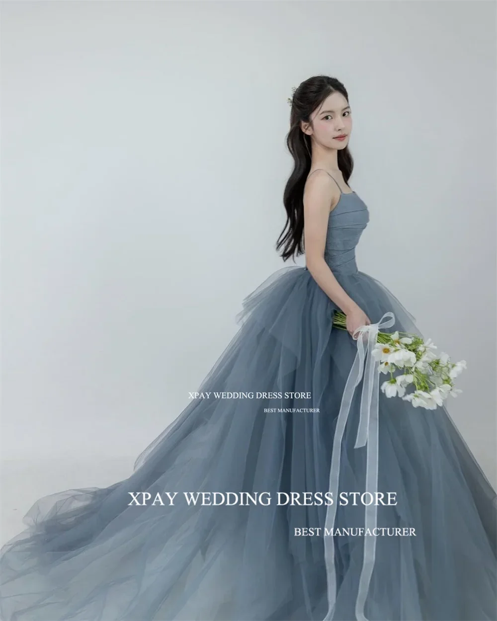 MODX Dusty Blue Korea A Line Evening Dresses Photo Shoot Ruffles Tiered Fairy Tulle Evening Gown Customised Corset Prom Dress