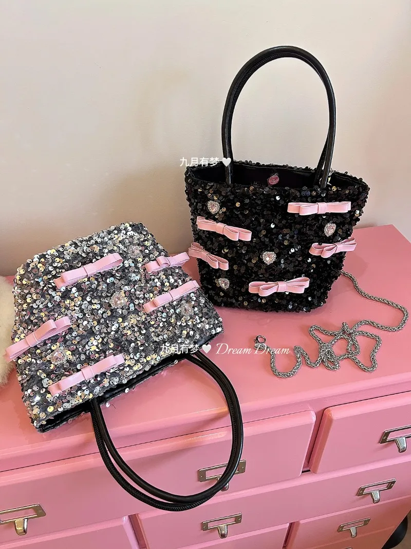 Bow Love Rhinestone Sequins Bolsos Mujer Tote Hand Bag Ladies Chain Shoulder Crossbady Sac Femme Bags for Women Sweet Bolso