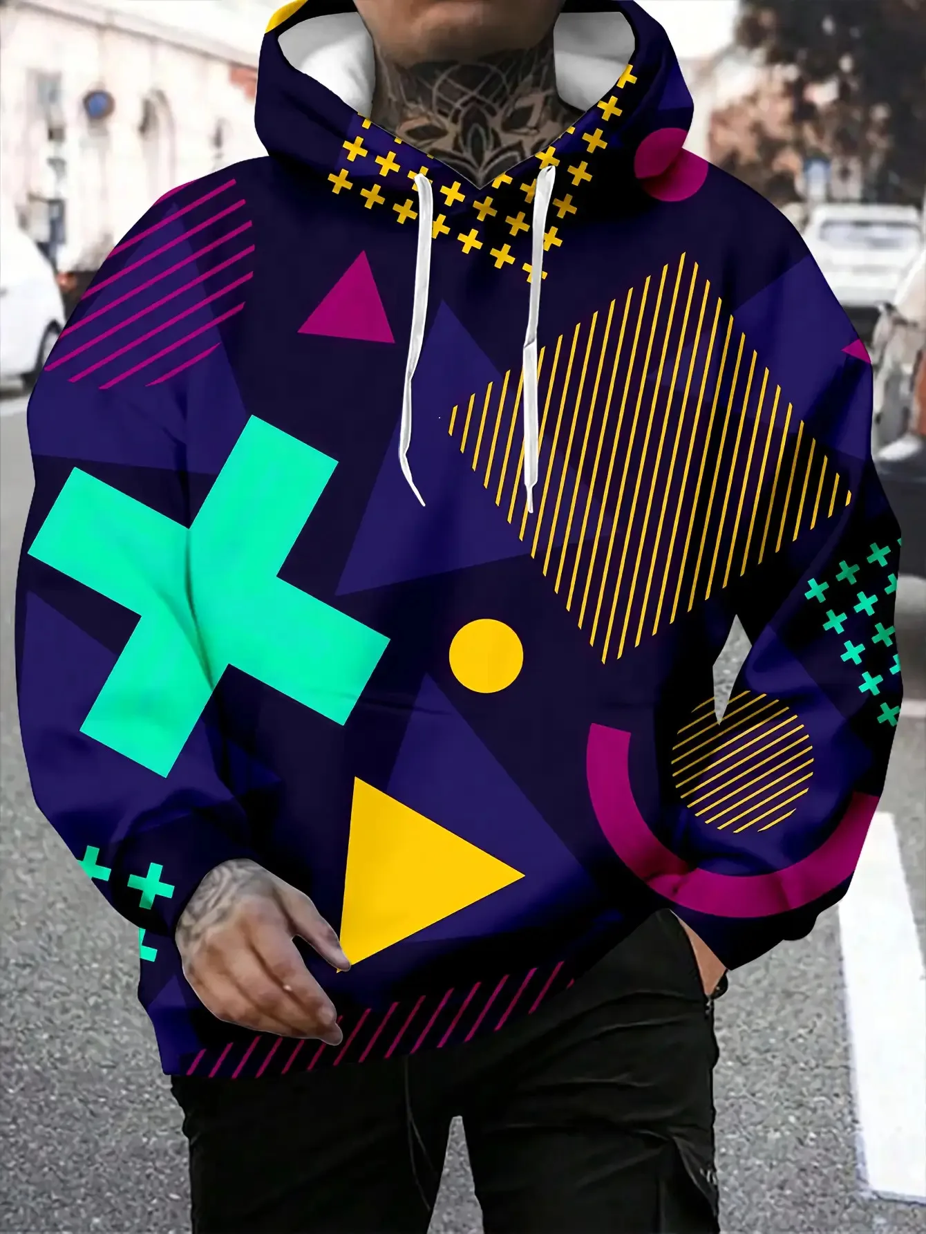 Geometric Shapes Abstract Print Hoodie, Colorful Cross Triangle Circle Graphic Streetwear Pullover